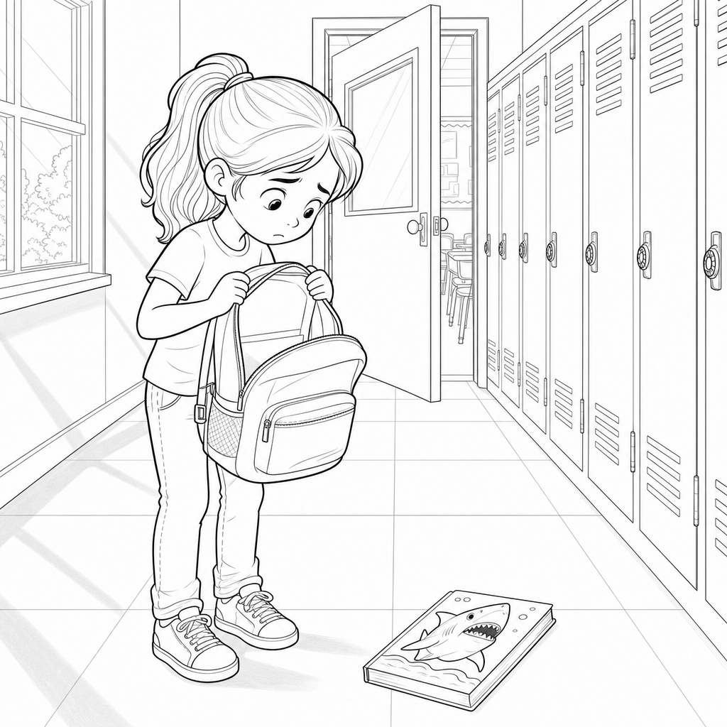 A third-grade girl with a backpack peeks worriedly into her open bag in a school hallway lined with lockers.