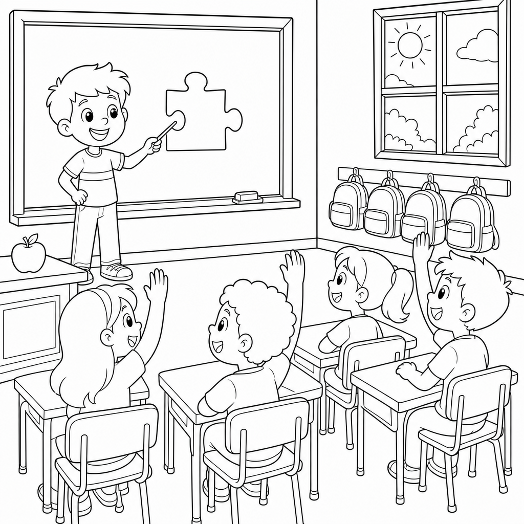 A line-art classroom showing one child at the board and a small group of students at their desks together.