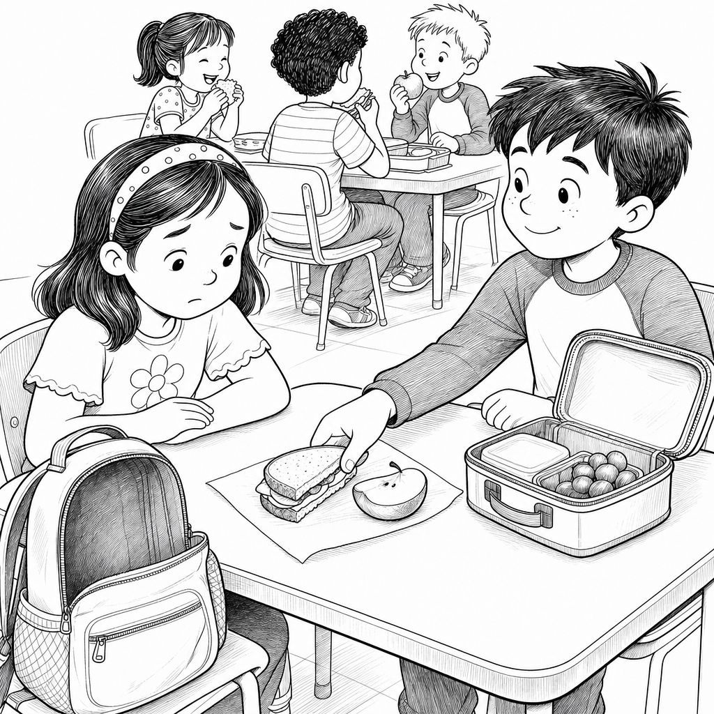 A boy slides half of his sandwich and half of an apple across a cafeteria table to a girl who has no lunch.