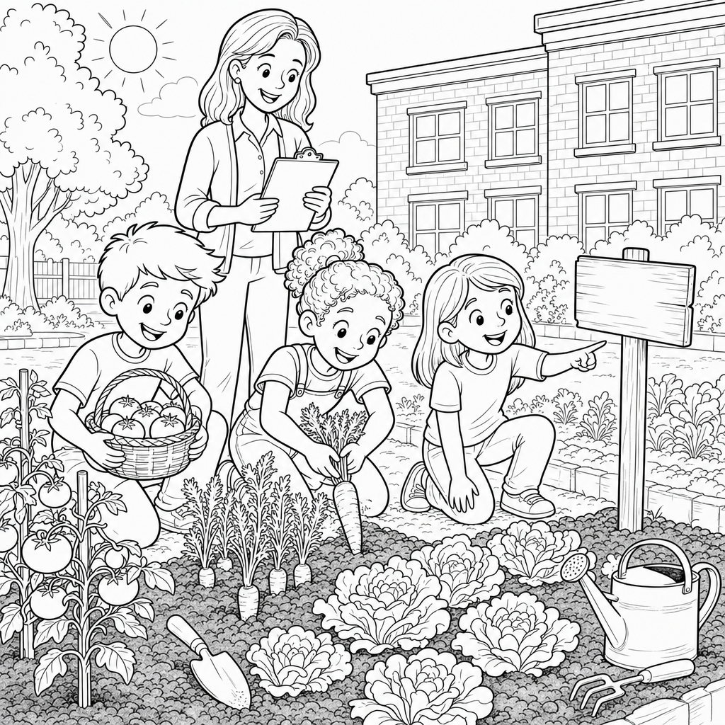 Three third grade students harvest tomatoes, carrots, and lettuce from a schoolyard garden bed while their teacher watches with a clipboard.