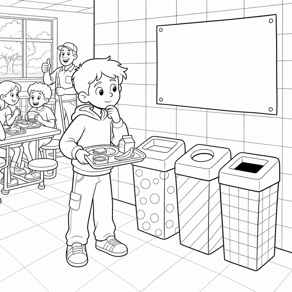 A fourth-grade student holding a lunch tray pauses in front of three sorting bins in a school cafeteria while other students eat and a custodian gives a thumbs up.
