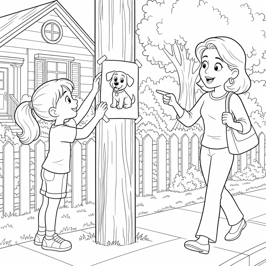 A girl tapes a lost-dog flyer with a cartoon dog picture onto a telephone pole while a neighbor points at it.