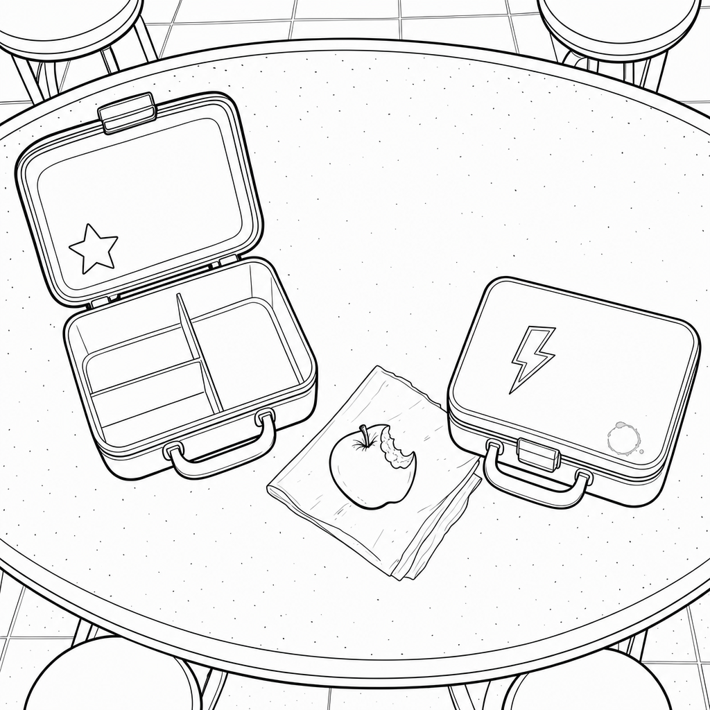Overhead view of a cafeteria table showing two nearly identical lunchboxes with different stickers, a folded napkin, and a half-eaten apple between them.