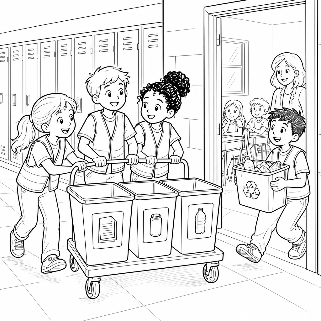 Three students in green vests push a cart with three recycling bins down a school hallway while collecting a classroom bin.