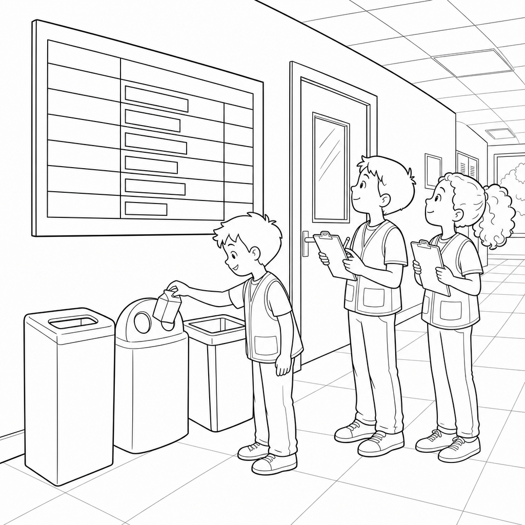 Two fourth graders in vests stand by three recycling bins in a school hallway while a younger student drops a carton into a bin near a wall chart.