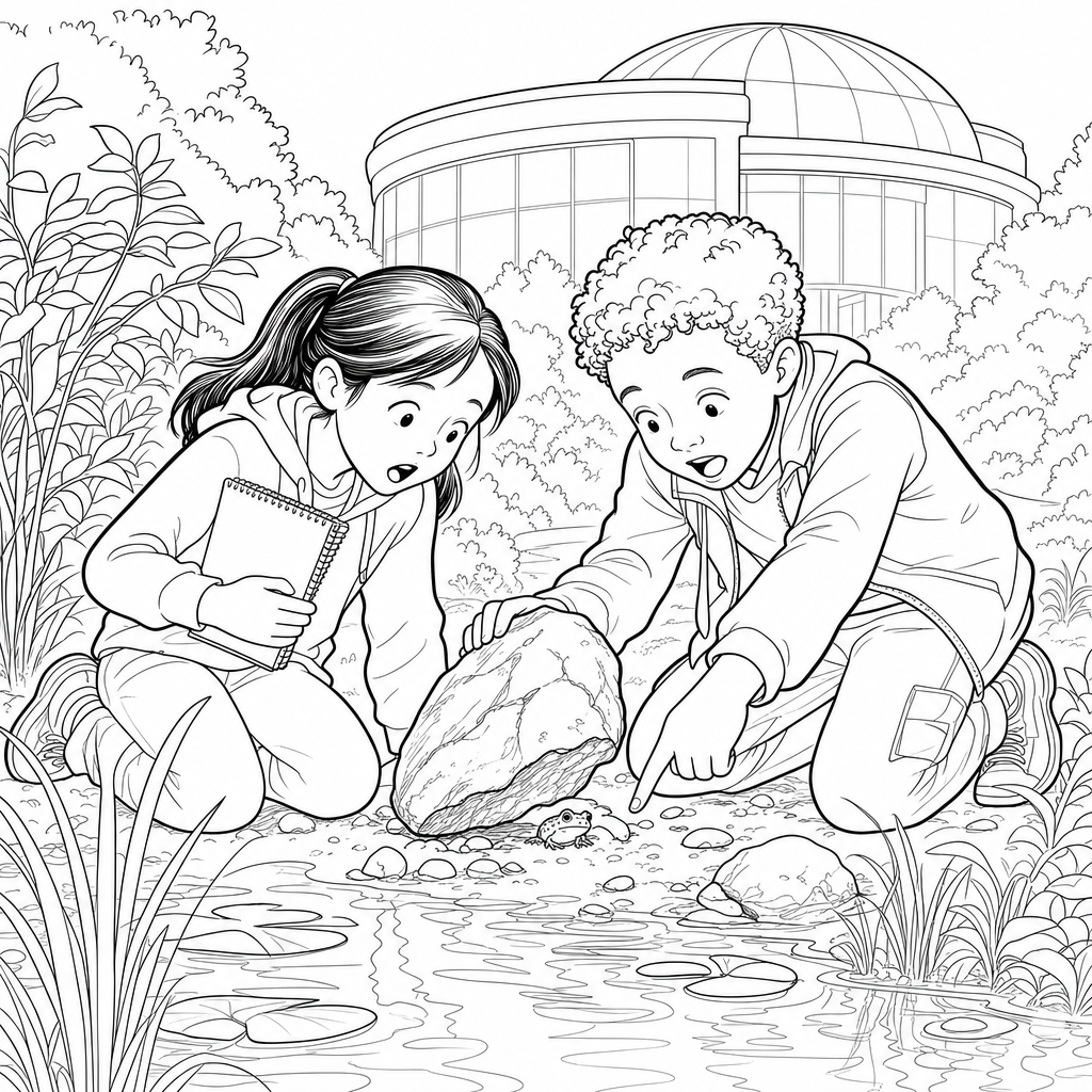 Two students kneel by a small pond behind a museum, reacting with surprise as they look under a rock.