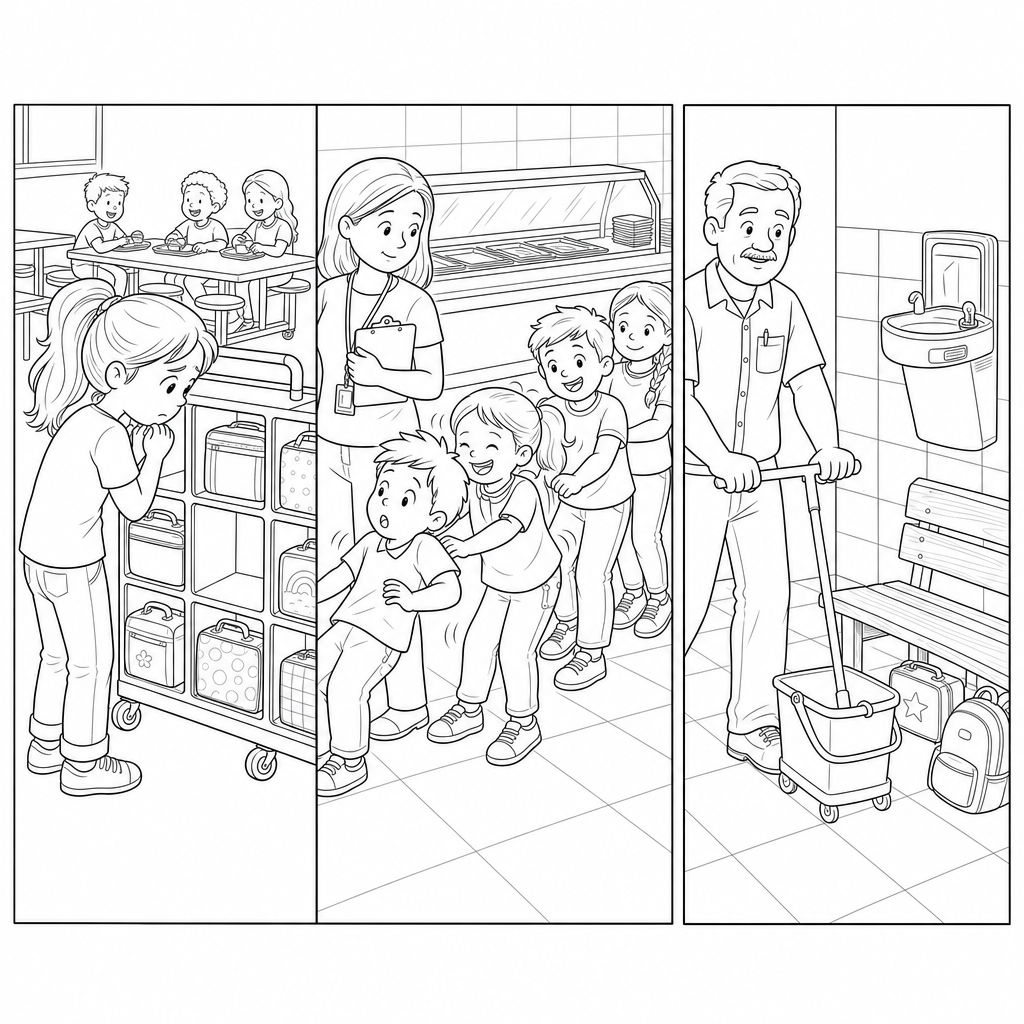A three-panel cafeteria scene showing a worried student at a lunchbox cart, a lunch monitor with a clipboard watching students in line, and a custodian with a mop bucket walking past a bench where a lunchbox is hidden.