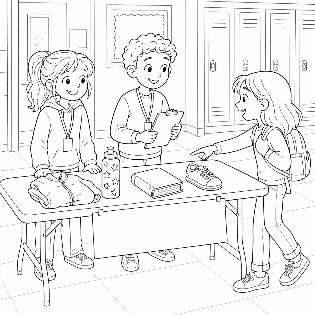 Two student helpers stand behind a school lost-and-found table holding a clipboard while a classmate approaches to claim a jacket.