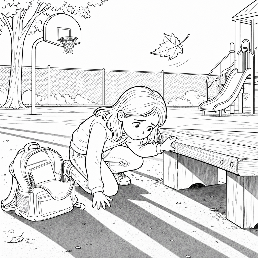 A worried girl crouches alone on an empty playground, peeking under a bench while her open backpack sits beside her.