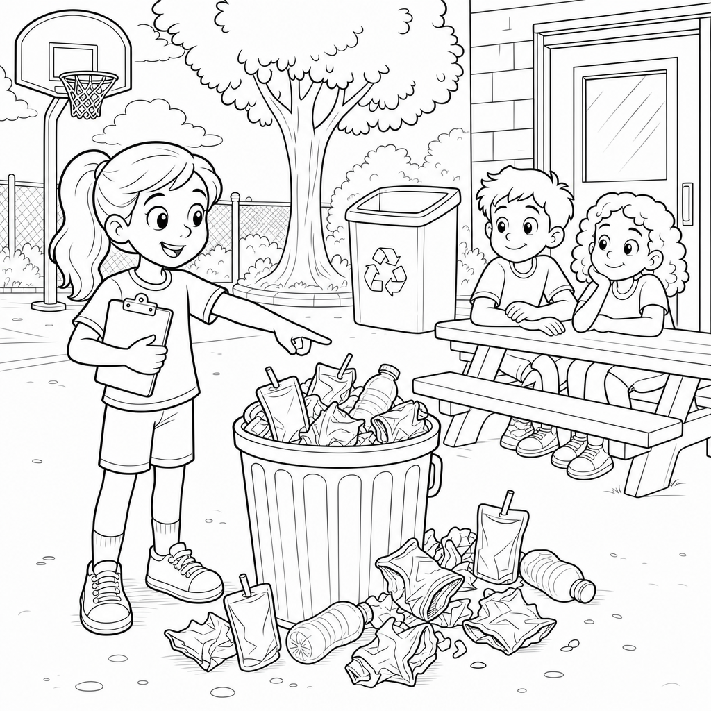 A fourth-grade girl with a clipboard points at an overflowing playground trash can full of juice pouches while an empty recycling bin sits nearby.