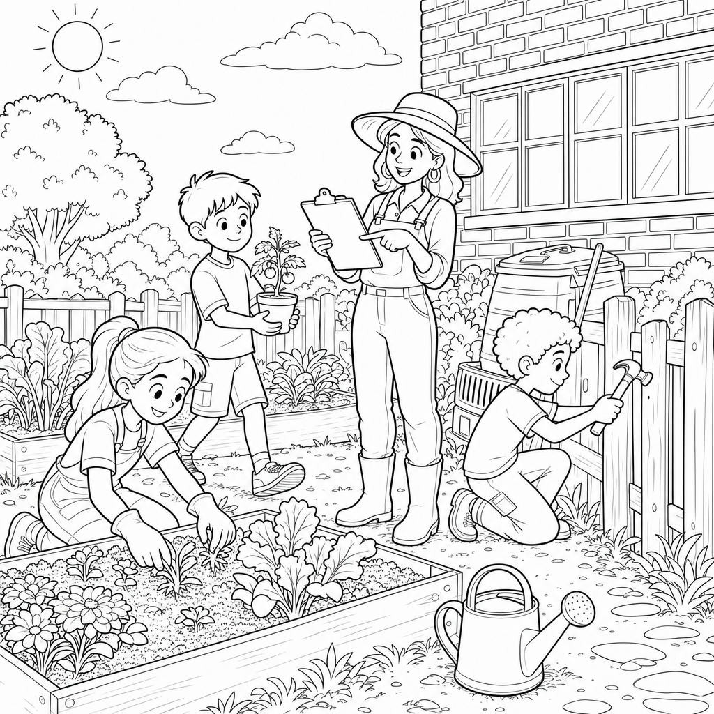 Four fourth graders and a teacher with a clipboard work together in a sunny school garden, pulling weeds, carrying a seedling, and fixing a fence.