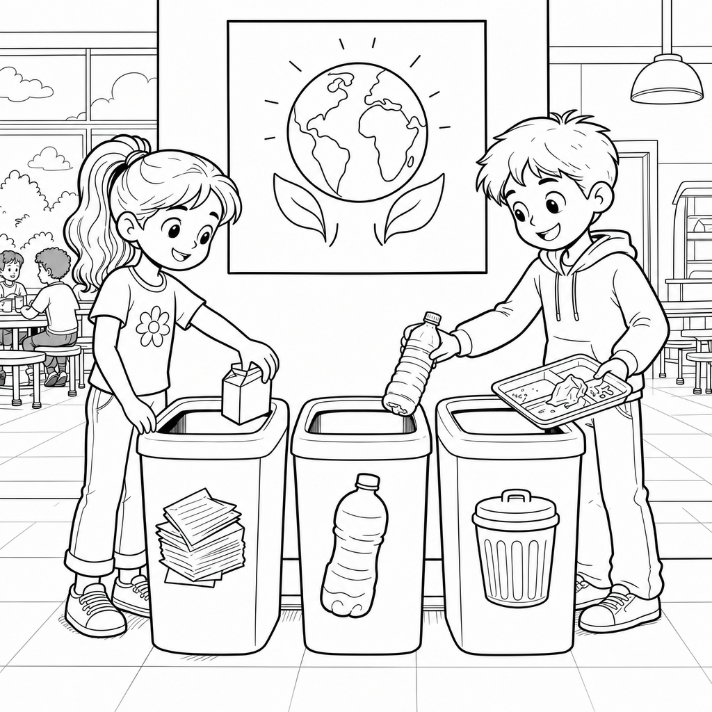 Two students sort milk cartons and bottles into three recycling bins in a school cafeteria with a poster on the wall behind them.