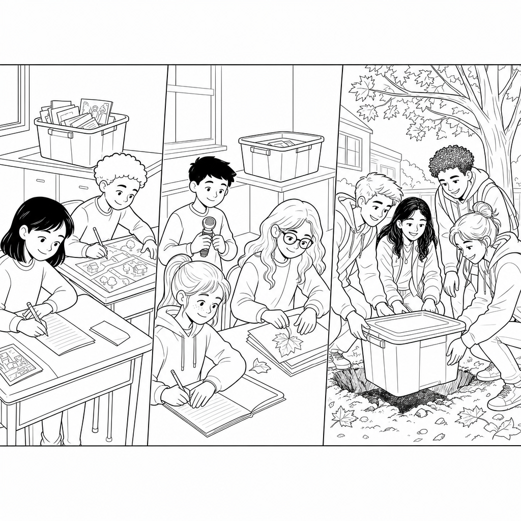 A three-panel line-art timeline showing students starting, adding to, and later digging up a classroom time capsule near a maple tree.