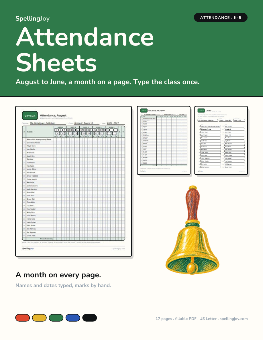 Attendance Sheets: August to June, Editable cover