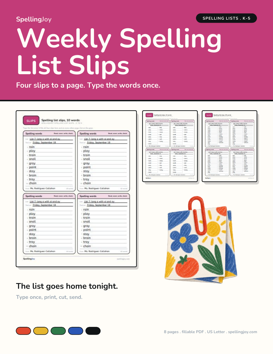 Weekly Spelling List Slips: Editable cover